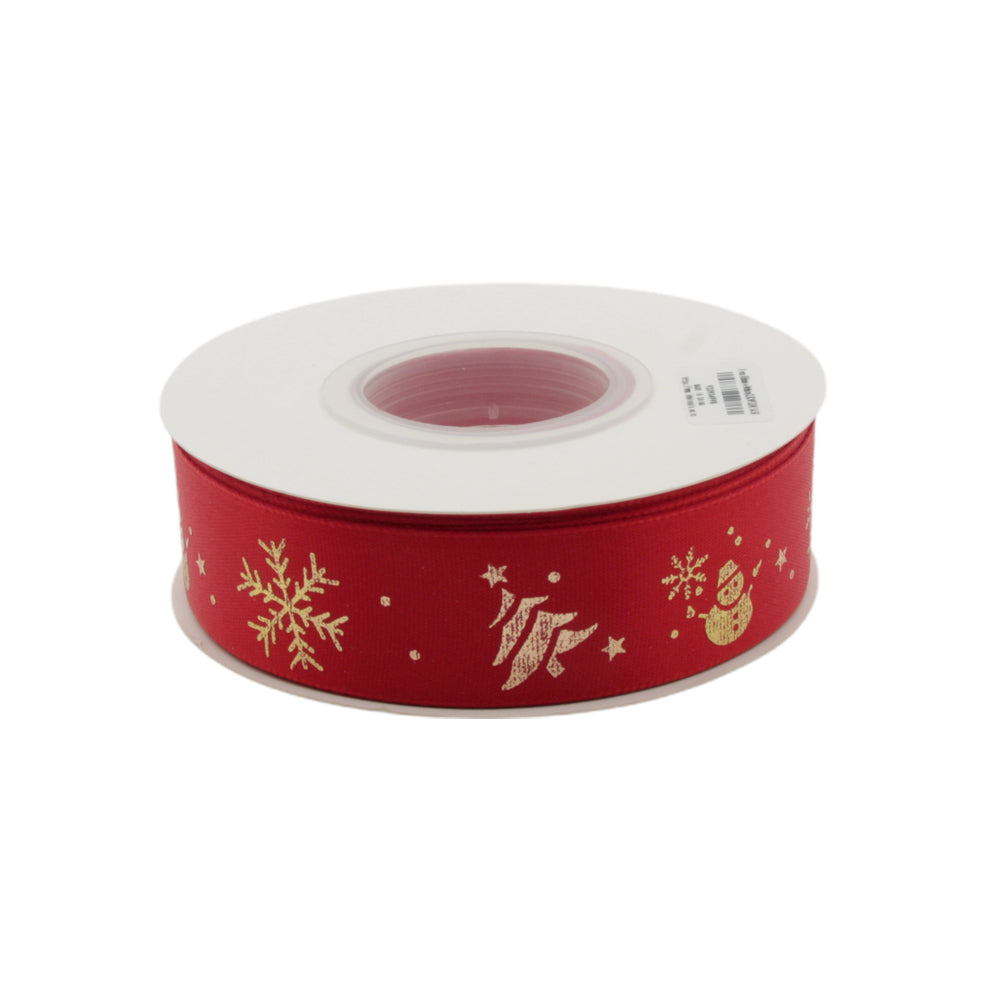 X-mas Ribbon w Pattern(2.5CM*22M) featuring snowflakes and a snowman design in vibrant red.