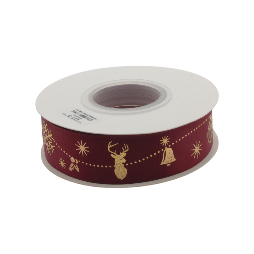 X-mas Ribbon w Pattern(2.5CM*22M) in maroon with gold reindeer, bells, and snowflakes design on a roll.