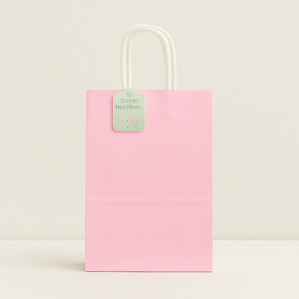 🛍️ Premium Paper Gift Bags – 4-Pack Assorted Colors (12*14*6CM) in pink with a floral tag and twisted handles.