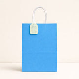 Blue paper gift bag with a white handle on a beige background