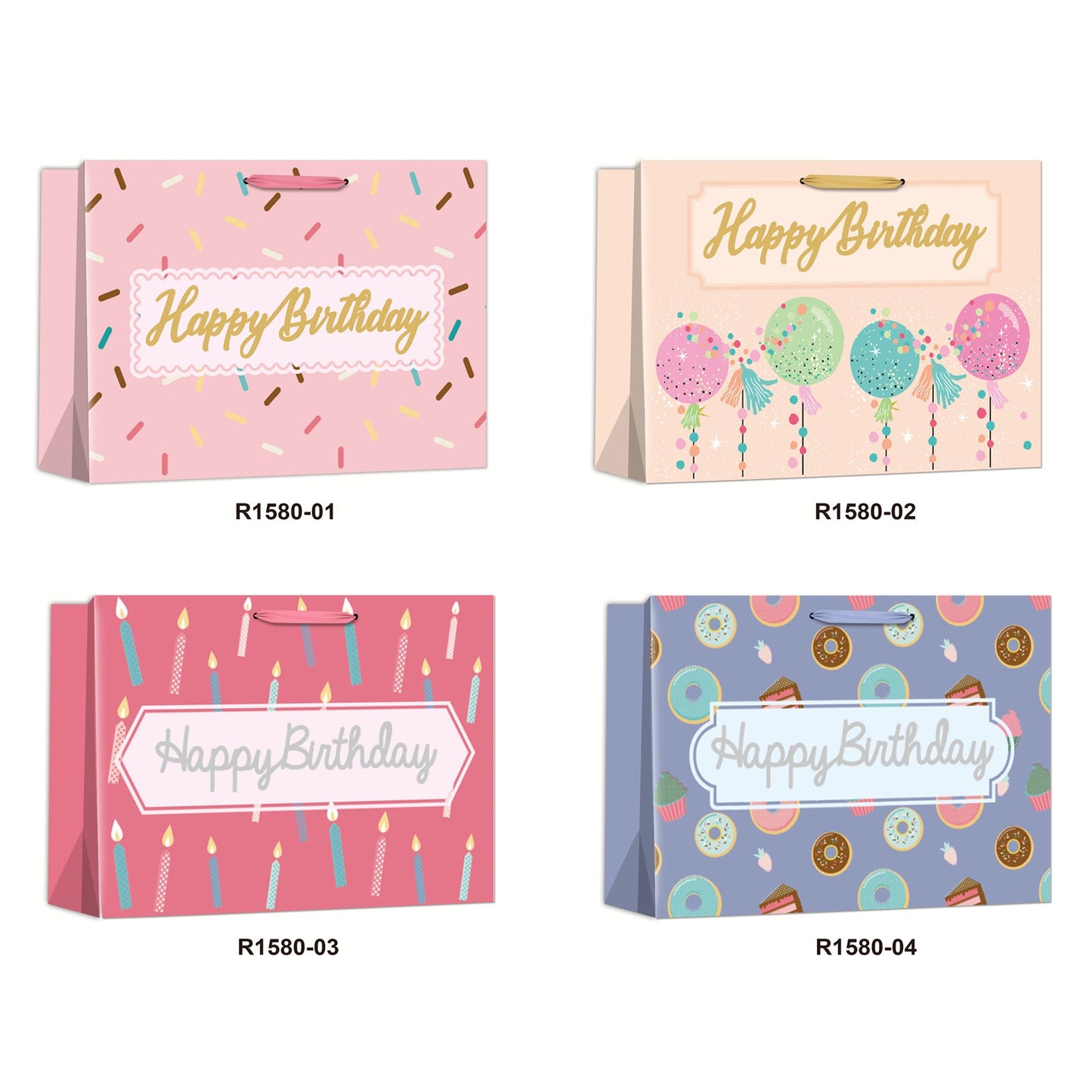 Four Birthday Gift Bags W(31*26*12CM/R1580M) featuring colorful designs and festive messages for celebrations.