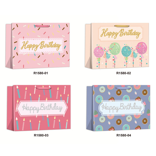 Four Birthday Gift Bags W(31*26*12CM/R1580M) featuring colorful designs and festive messages for celebrations.