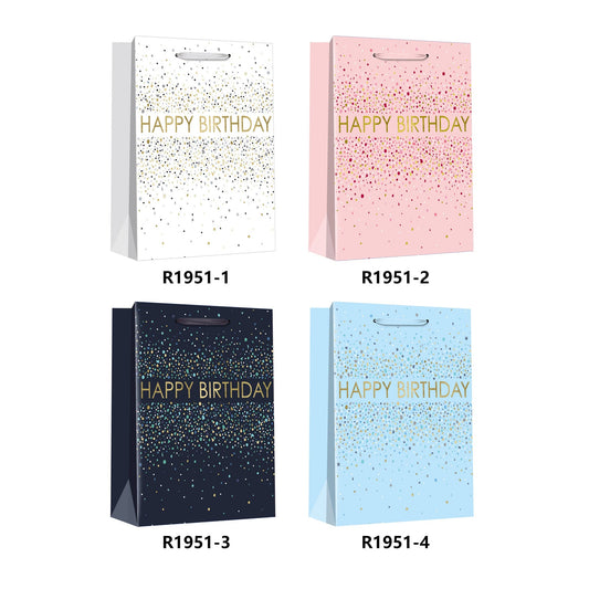 Four Birthday Gift Bags HB(18*24*8CM/R1951S) in various colors with 'HAPPY BIRTHDAY' design.