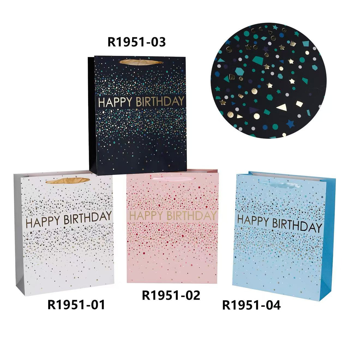 Four colorful birthday gift bags featuring 'HAPPY BIRTHDAY' text, Birthday Gift Bag HB(26*32*10CM/R1951M).