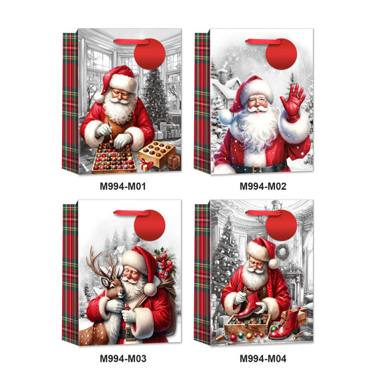 X-mas Gift Bag Santa SP(18*24*8CM/M994S) featuring festive Santa designs in various holiday settings.