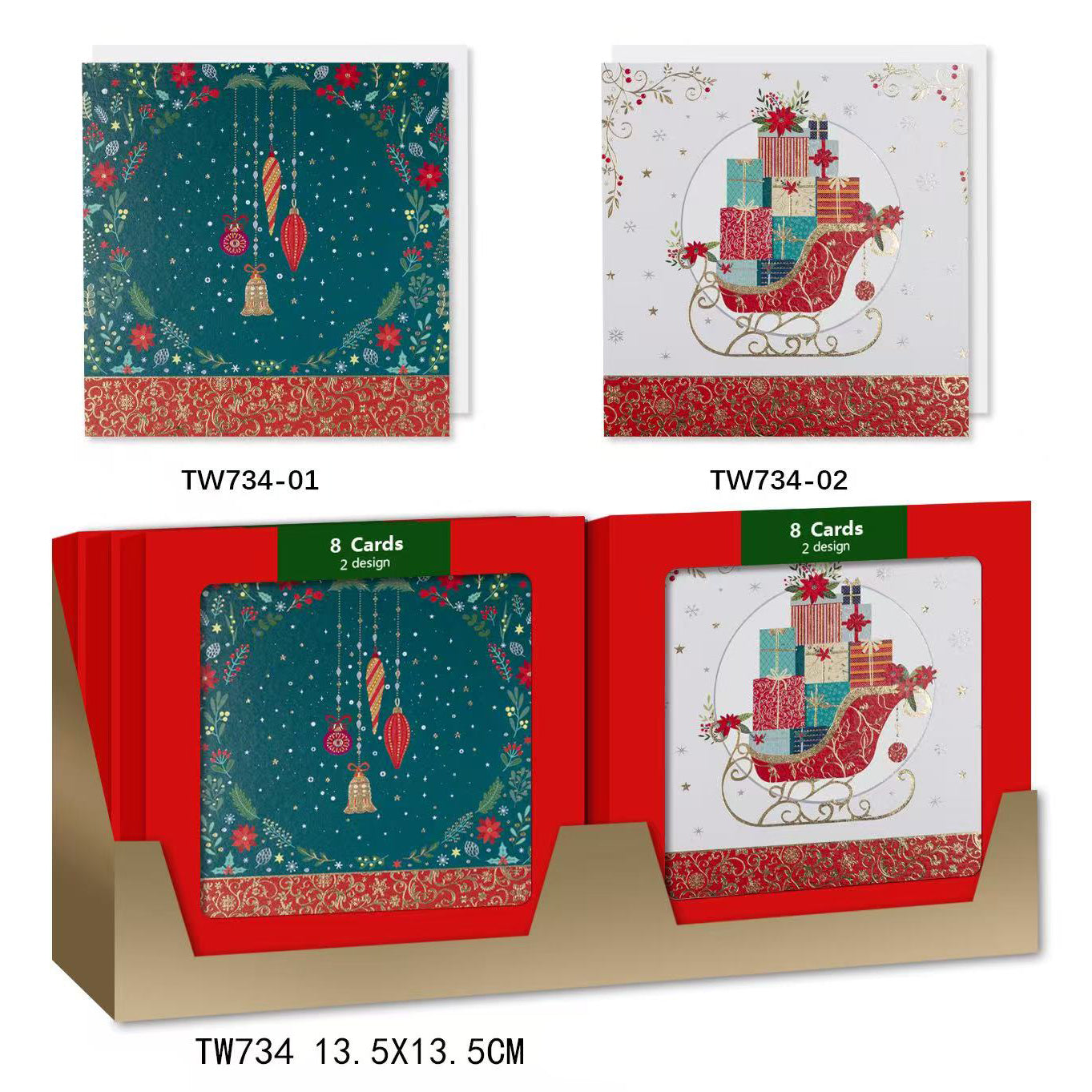 X-mas Pack Card SQ(8PCS/TW734) featuring two festive designs and display box for holiday greetings.