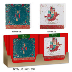 X-mas Pack Card SQ(8PCS/TW734) featuring two festive designs and display box for holiday greetings.