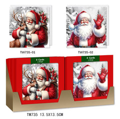 X-mas Pack Card SQ(8PCS/TW735) featuring Santa Claus and reindeer designs, perfect for holiday greetings.