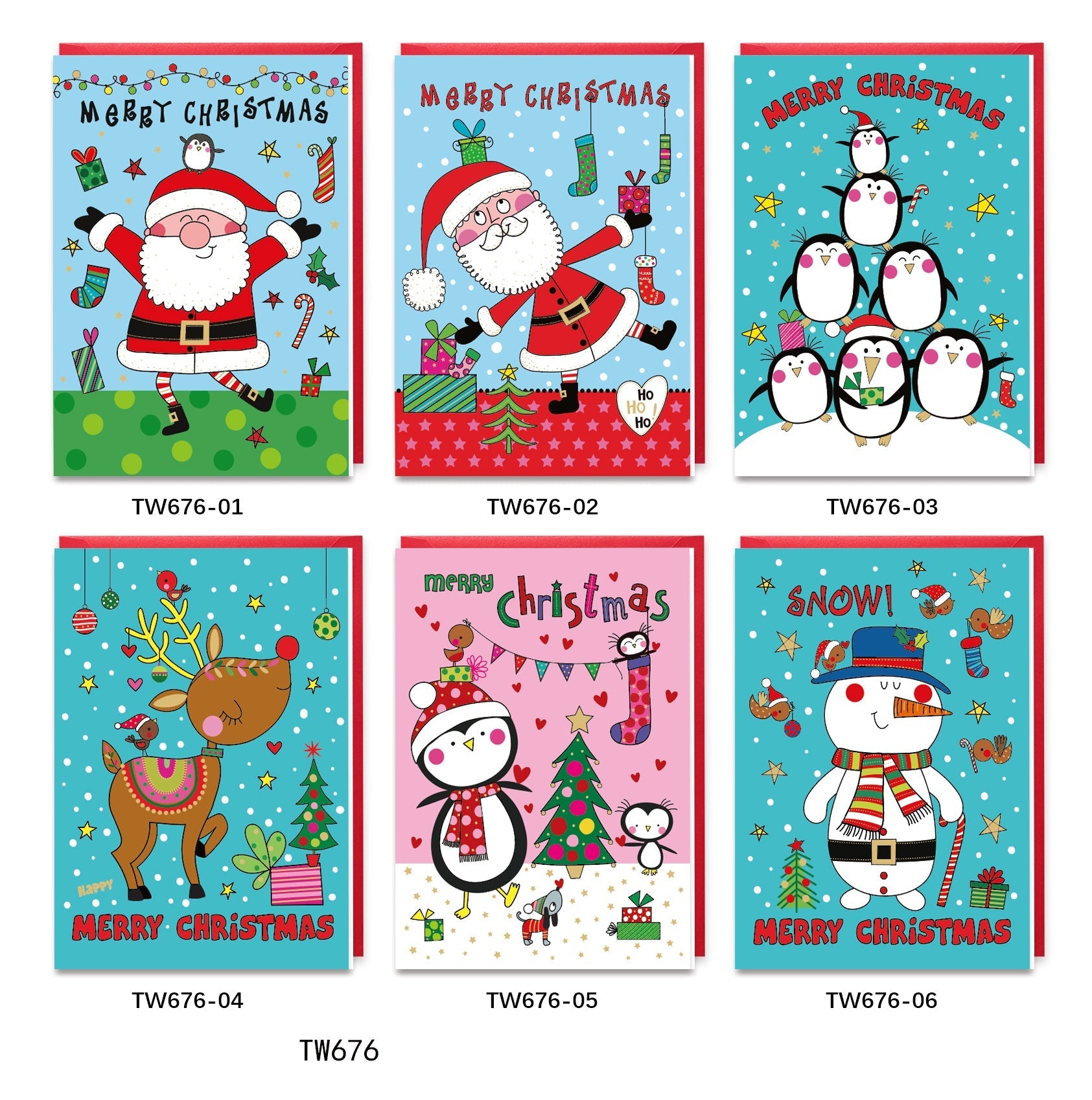 X-mas Card(TW676) featuring random holiday patterns including Santa, snowmen, penguins, and Christmas trees.