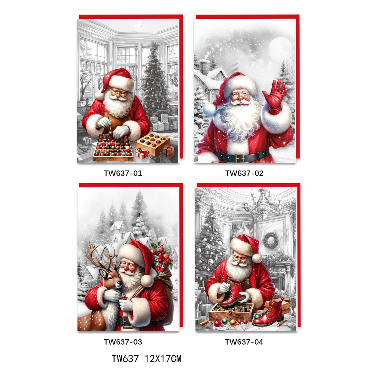 X-mas Card(TW637) featuring random festive designs of Santa Claus in Christmas settings.