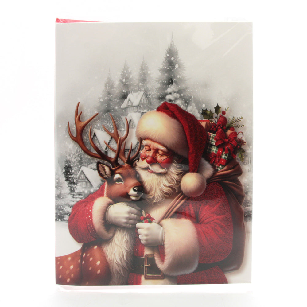 X-mas Melody Card(XC383) featuring Santa Claus with a reindeer in a snowy landscape.