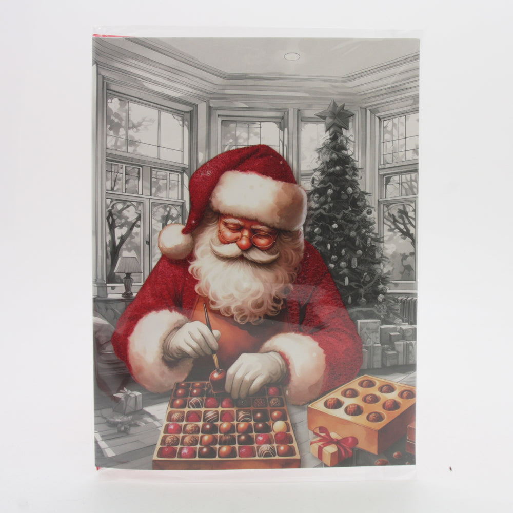X-mas Melody Card(XC383) featuring Santa preparing Christmas chocolates in a festive setting.