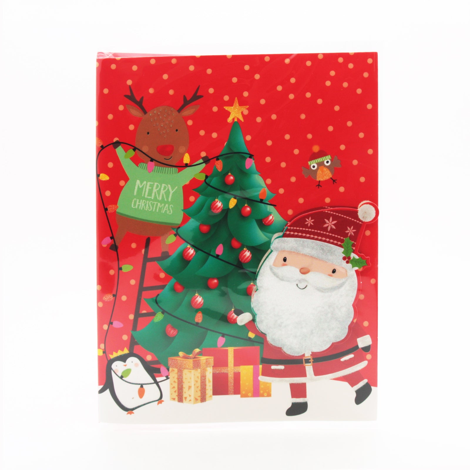 X-mas Melody Card(XC265) featuring Santa, reindeer, and a Christmas tree with festive decorations.