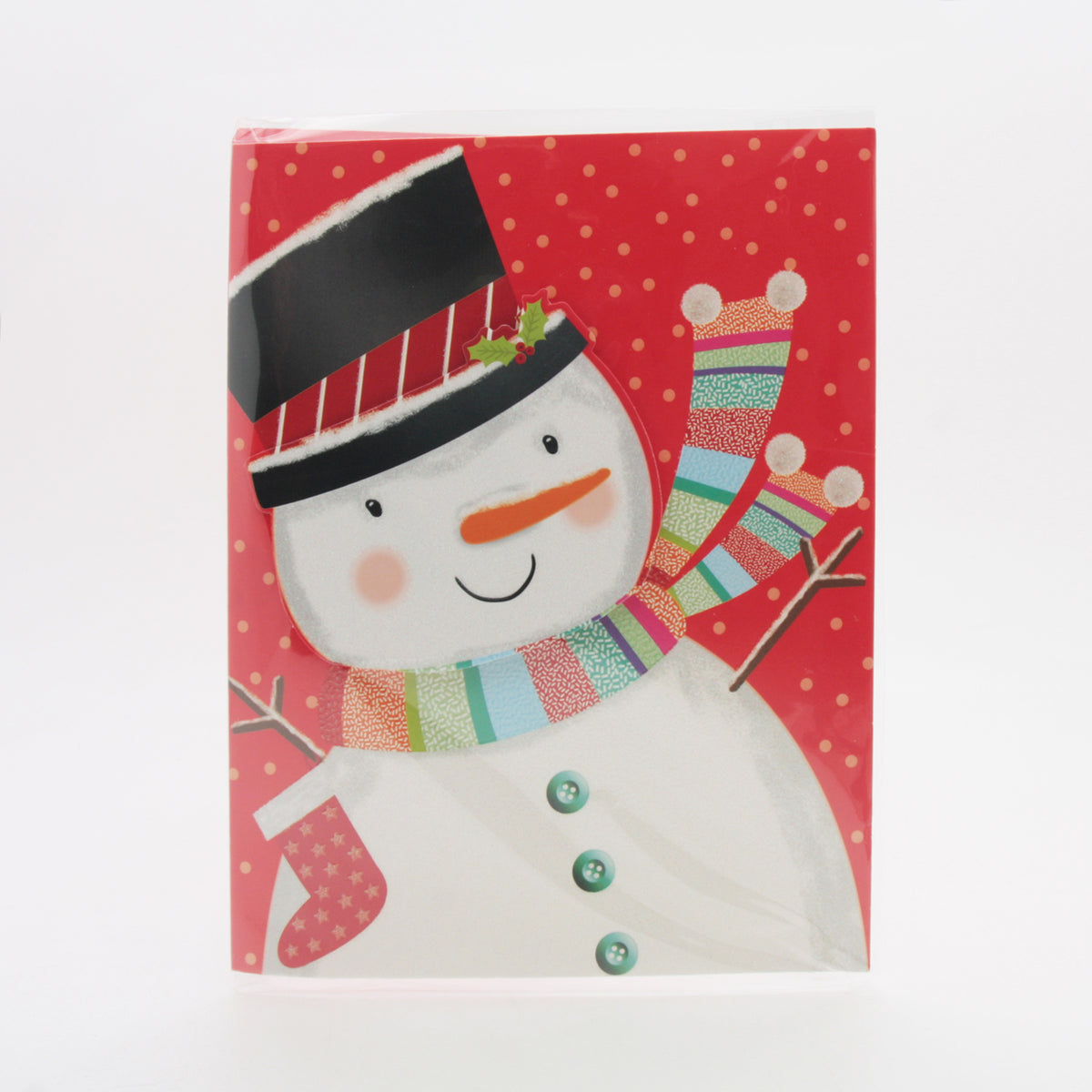 X-mas Melody Card(XC265) featuring a cheerful snowman on a red background with festive patterns and colors.