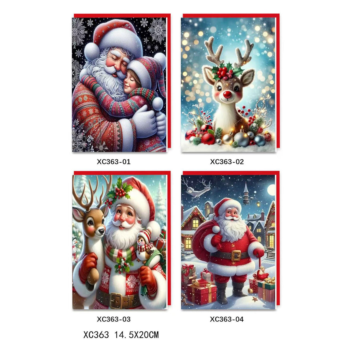 X-mas Melody Card(XC363) featuring four different Christmas designs with Santa and reindeer patterns.