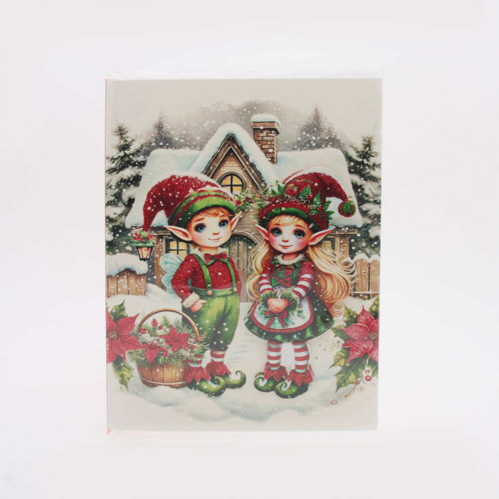 X-mas Melody Card(XC365) featuring festive elves in winter scene with snow and holiday decorations.
