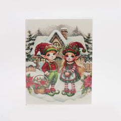X-mas Melody Card(XC365) featuring festive elves in winter scene with snow and holiday decorations.