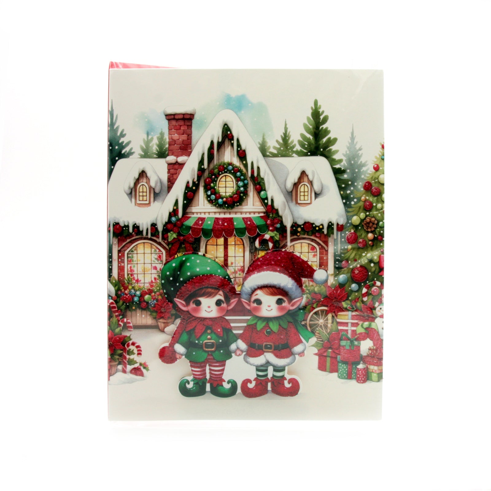 X-mas Melody Card(XC365) featuring cute elves in front of a decorated Christmas house.