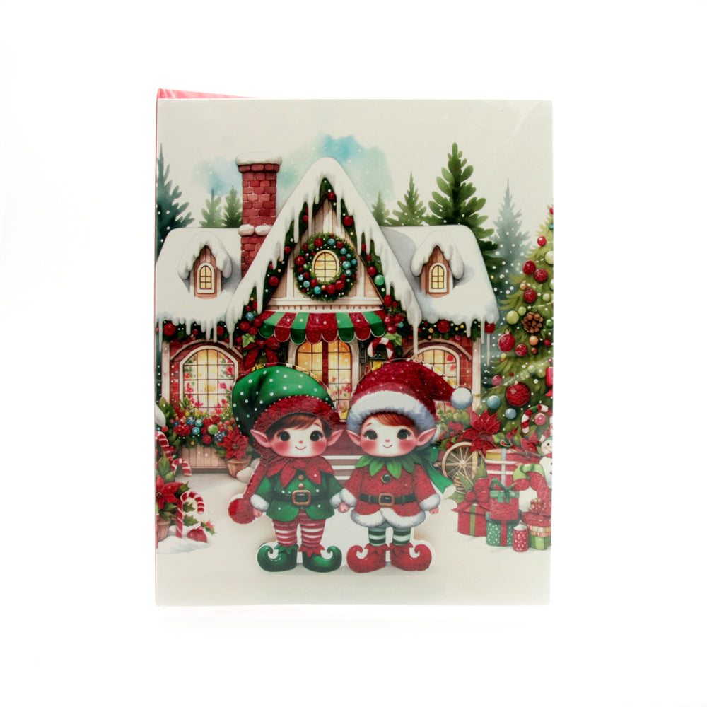 X-mas Melody Card(XC365) featuring cute elves in front of a decorated Christmas house.