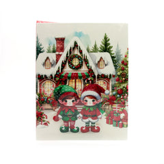 X-mas Melody Card(XC365) featuring cute elves in front of a decorated Christmas house.