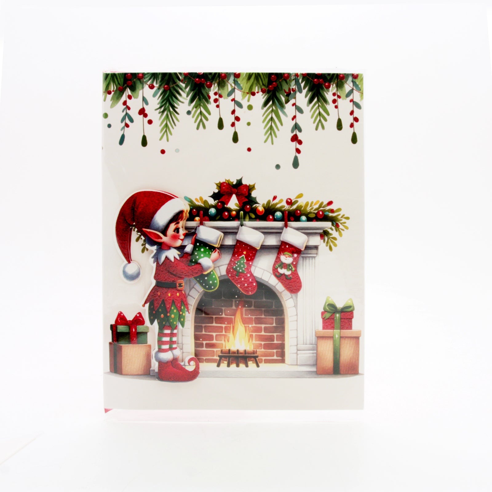 X-mas Melody Card(XC365) featuring a festive elf decorating a Christmas mantel with stockings.