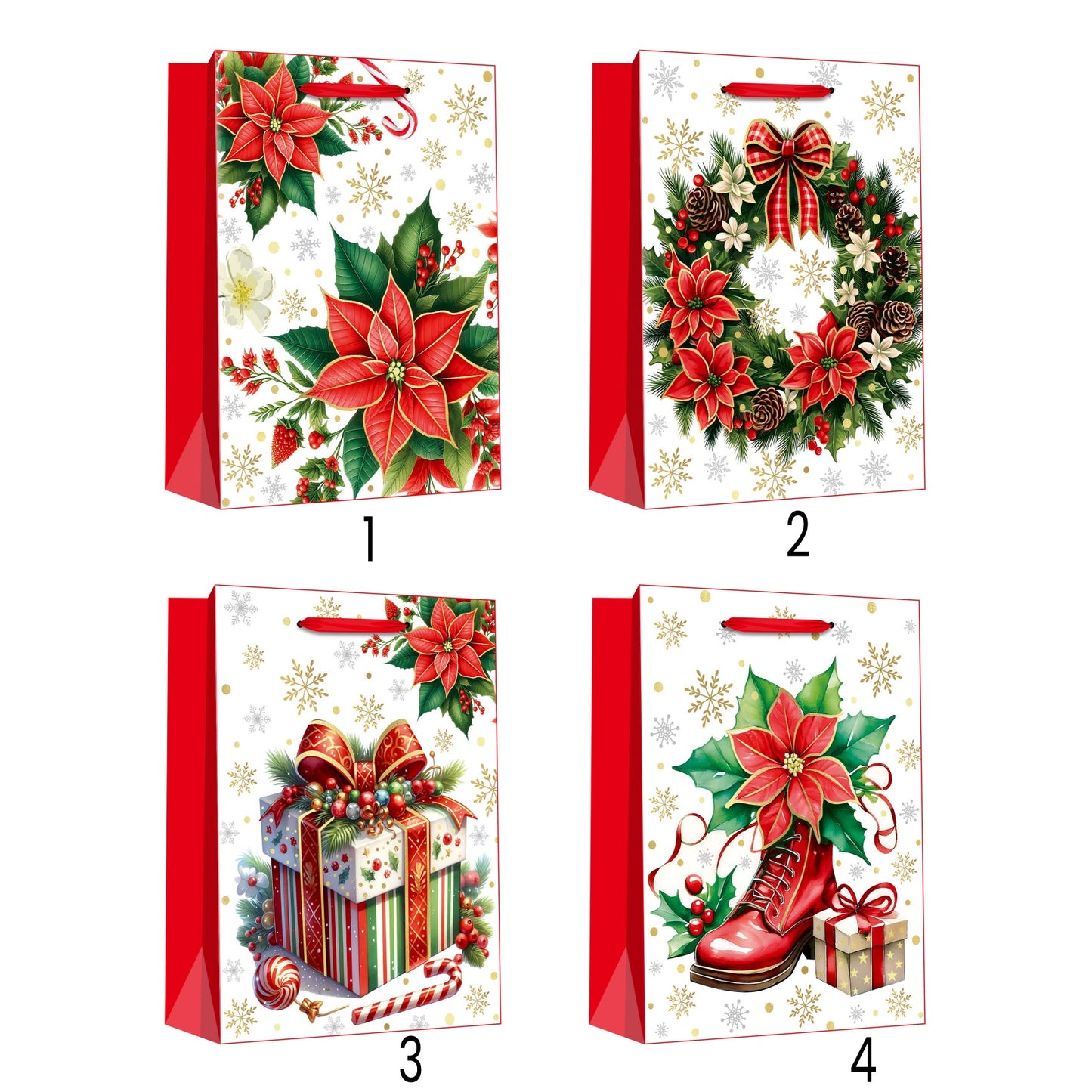 Red Poinsettia Gift Bag(18*23*10CM/753S) featuring four festive designs suitable for holiday gifting.
