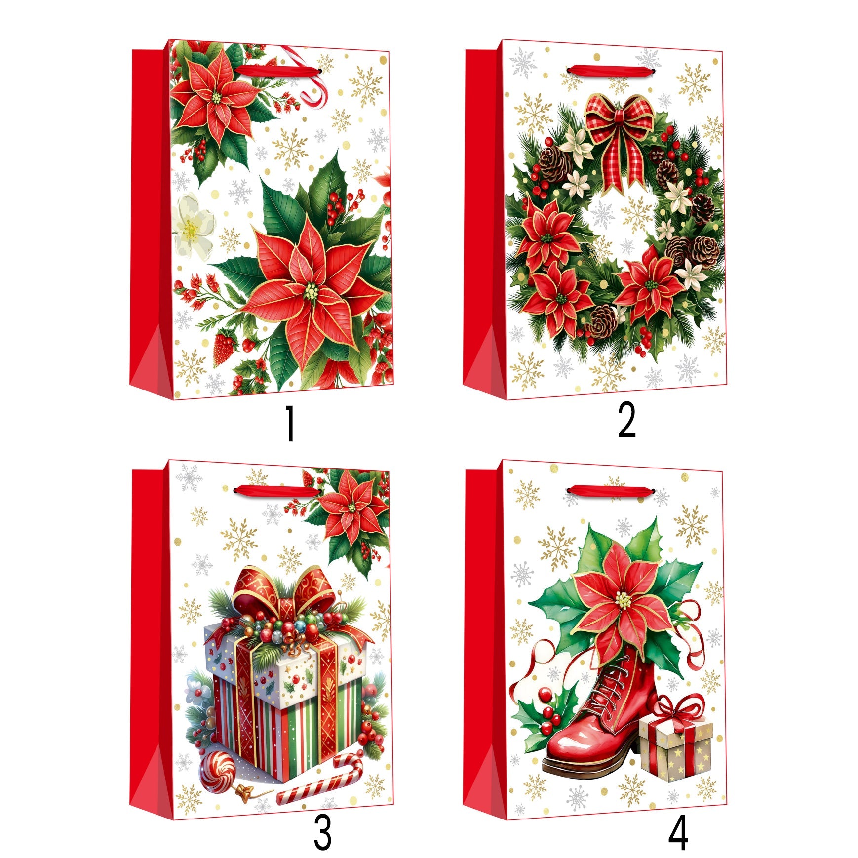 Red Poinsettia Gift Bag(18*23*10CM/753S) featuring four festive designs suitable for holiday gifting.