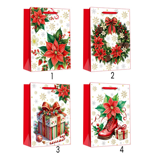Red Poinsettia Gift Bag(18*23*10CM/753S) featuring four festive designs suitable for holiday gifting.
