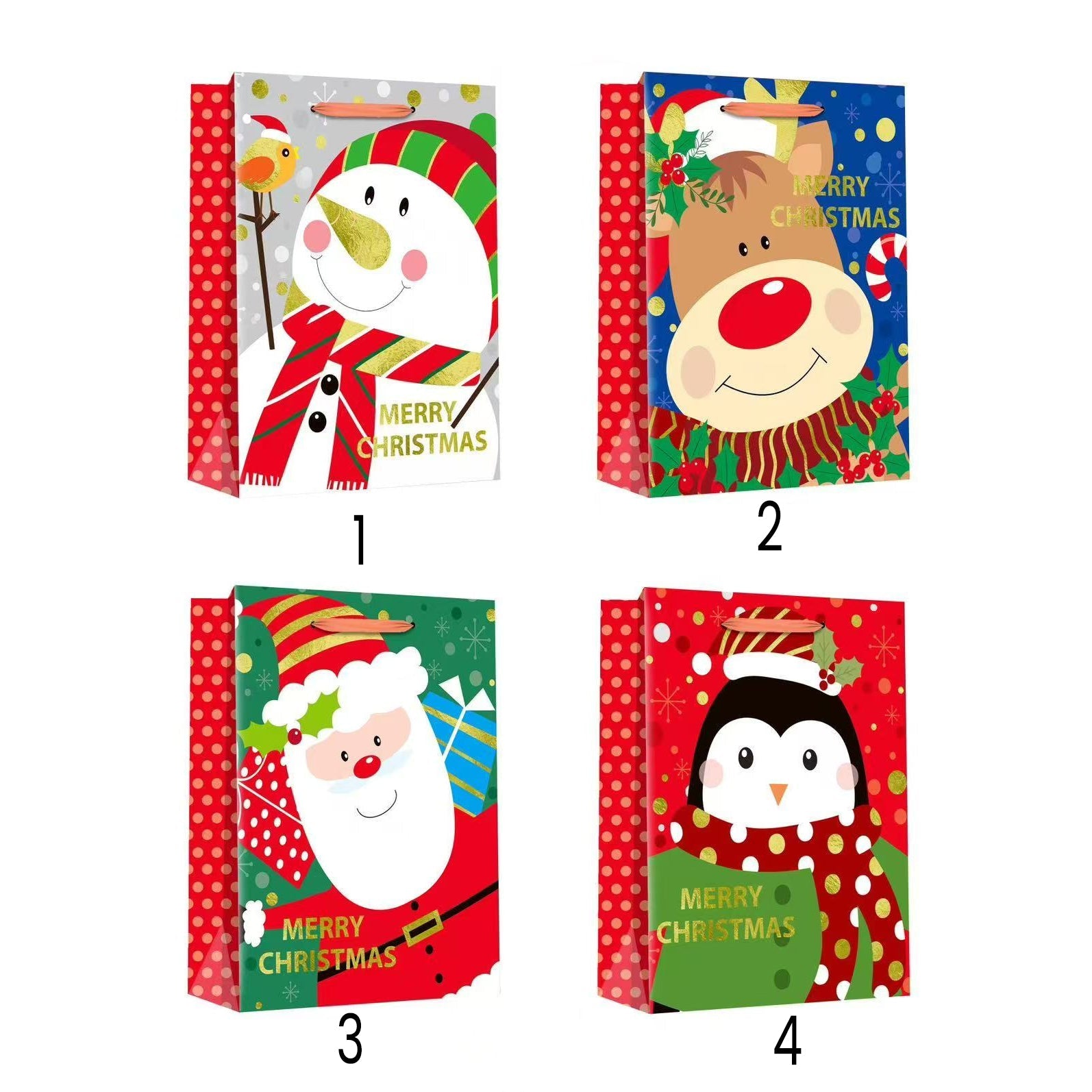 Cute Christmas Character Gift Bag(39*30*12CM/755L) featuring festive designs including snowman, reindeer, Santa, and penguin.