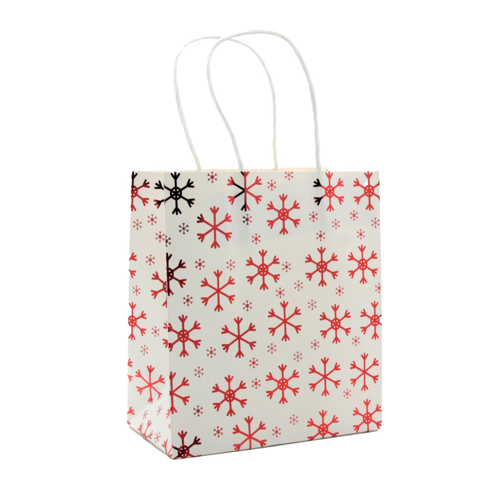 Foil Christmas Paper Bag(15*17*8CM/9183S) featuring red and black snowflake patterns on a white background.