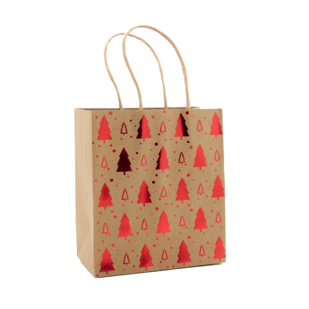 X-mas Craft Gift Bag(31*24*12CM/9182L) with red and gold tree prints on kraft paper.