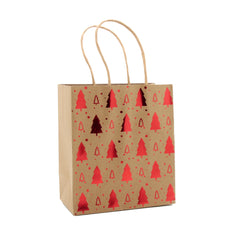 X-mas Craft Gift Bag(31*24*12CM/9182L) with red and gold tree prints on kraft paper.