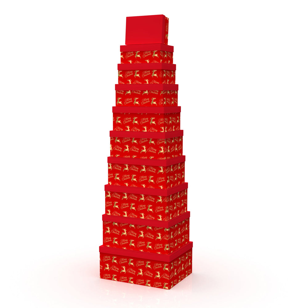 10PCS Red Reindeer Gift Box Whole Set stacked in an appealing arrangement for holiday gifting.