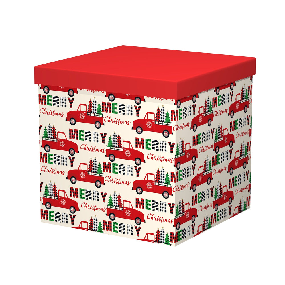 10/10 Red Truck Christmas Cube Box(8.5*8.5*8.5CM) with festive design and red lid for holiday gifting.