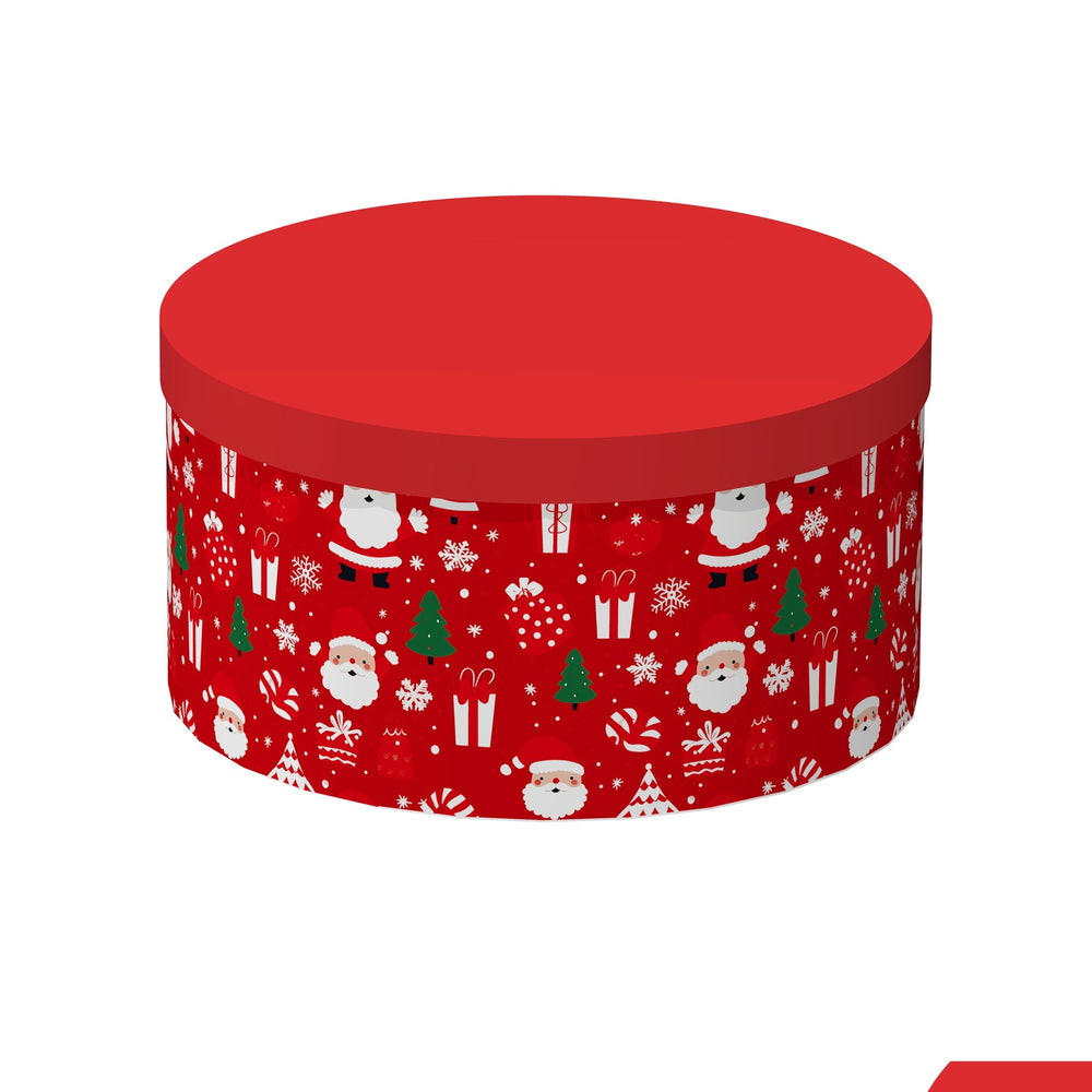6/10 Santa Christmas Cake Box(22.5*12.8CM) circular red and festive design with Santa, trees, and gifts.