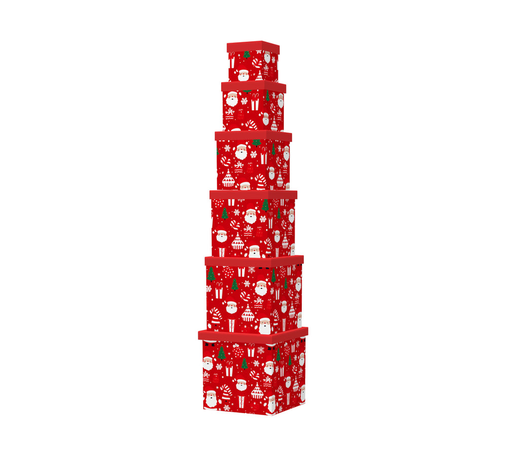 6PCS Santa Christmas Gift Box Whole Set stacked in festive red and white designs.
