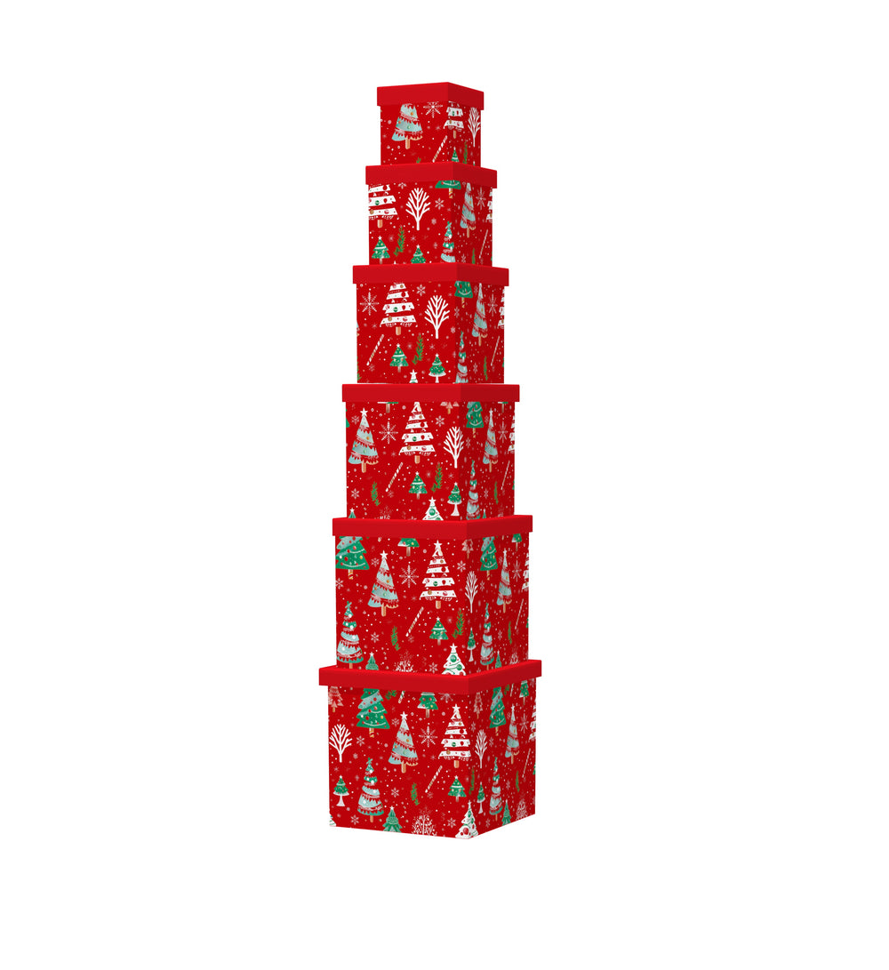 6PCS Christmas Tree Gift Box Whole Set in festive red with Christmas tree patterns for holiday gifting.