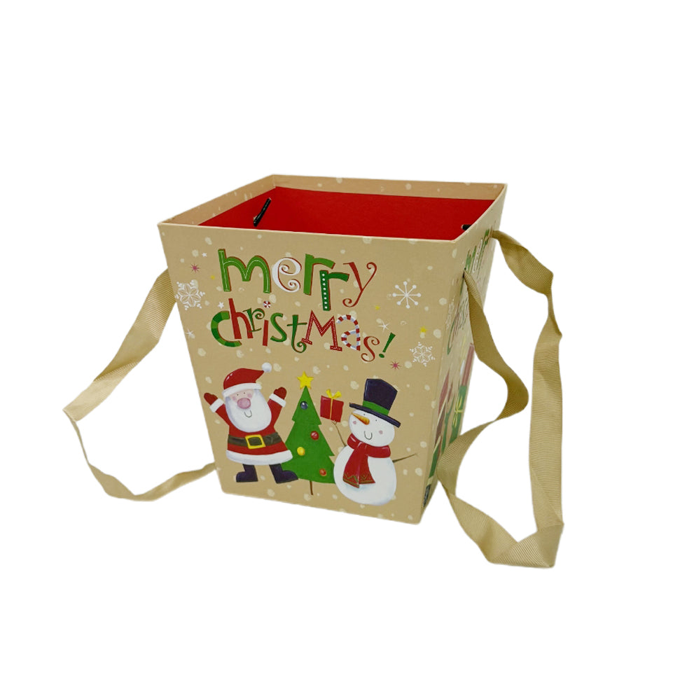 Merry Christmas Gift Bag(17*17*18CM) – Beige Handle with festive design featuring Santa and snowman.