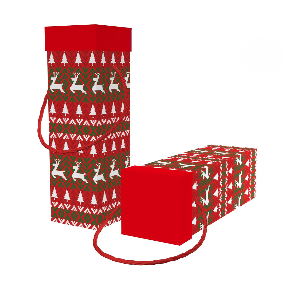 Reindeer Wine Box  Red Top(10.5*10.5*33.5CM) with festive reindeer pattern and red top