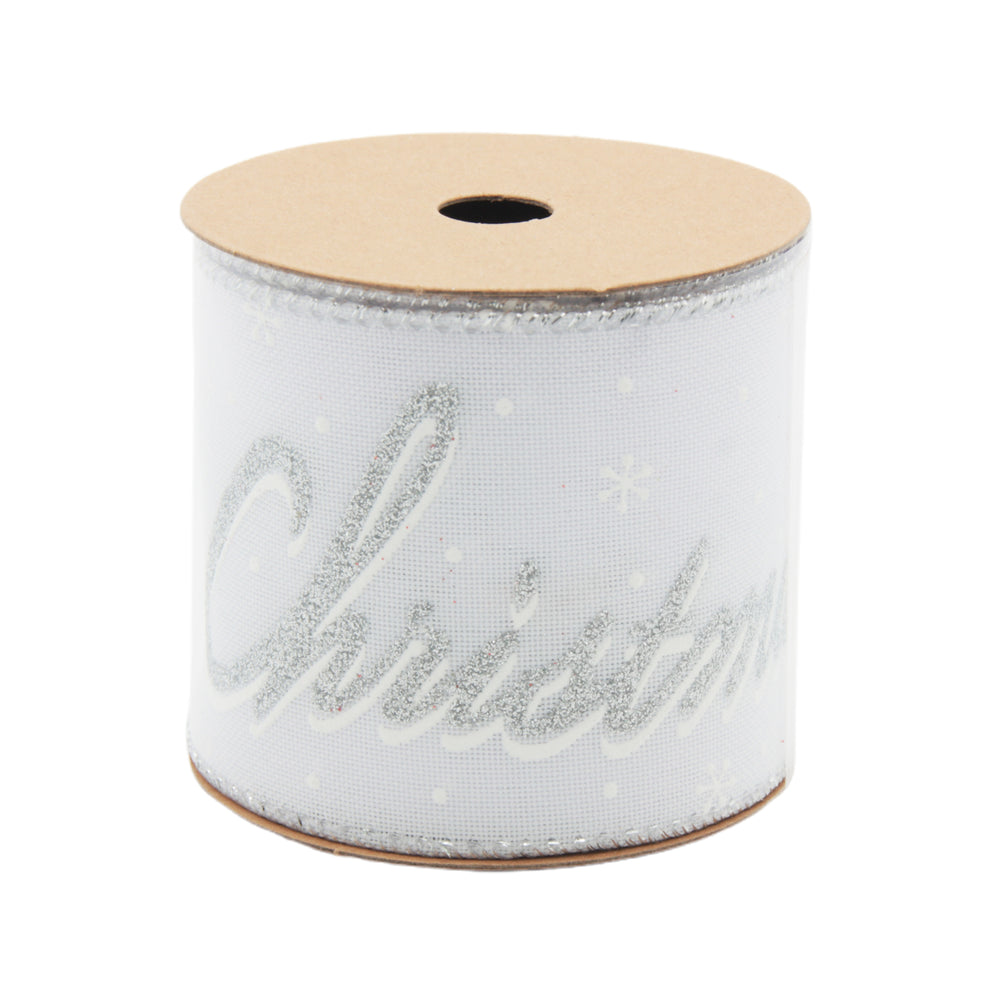 S&W Christmas Wired Ribbon(6.3CM*3YDS) featuring silver lettering on white background, perfect for holiday decorating.