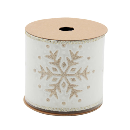 Deluxe Gold Holiday Ribbon(6.3CM*3YDS) with snowflake design on a white background, perfect for festive decorations.