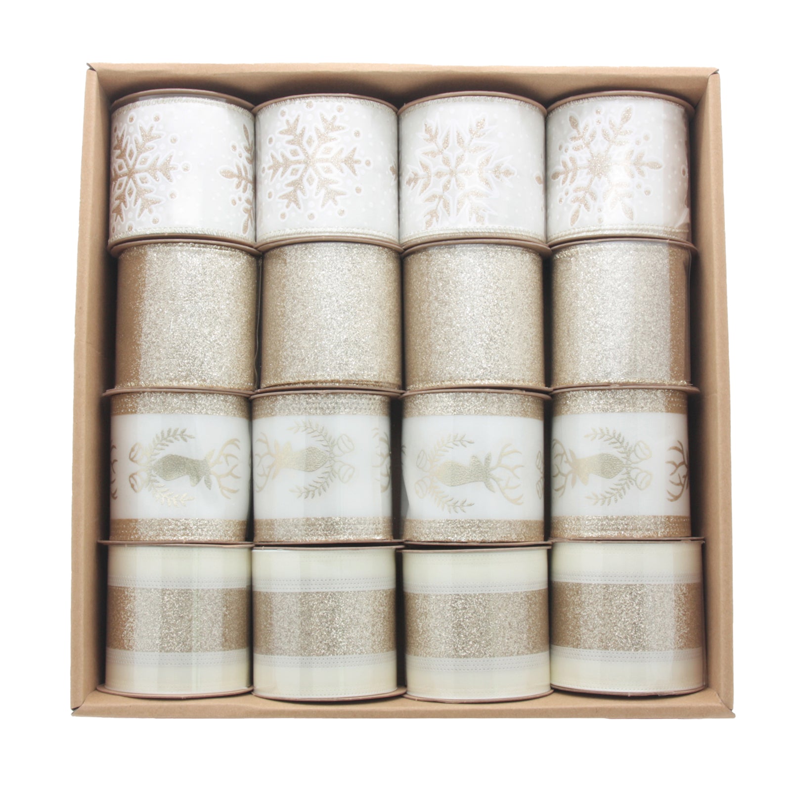 Deluxe Gold Holiday Ribbon(6.3CM*3YDS) beautifully displayed in a box, featuring a variety of elegant designs.