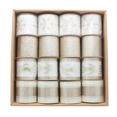 Deluxe Gold Holiday Ribbon(6.3CM*3YDS) beautifully displayed in a box, featuring a variety of elegant designs.