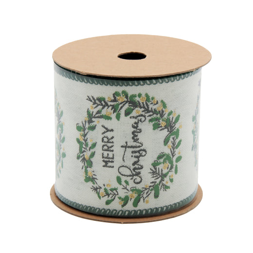 Rustic Green Christmas Ribbon(6.3CM*3YDS) roll with Merry Christmas design for holiday decorations.