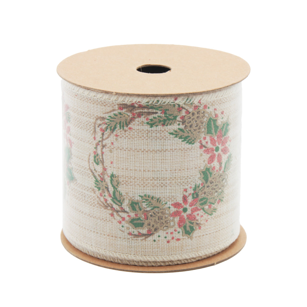 Rustic Green Christmas Ribbon(6.3CM*3YDS) on roll with festive wreath design for holiday decorations.
