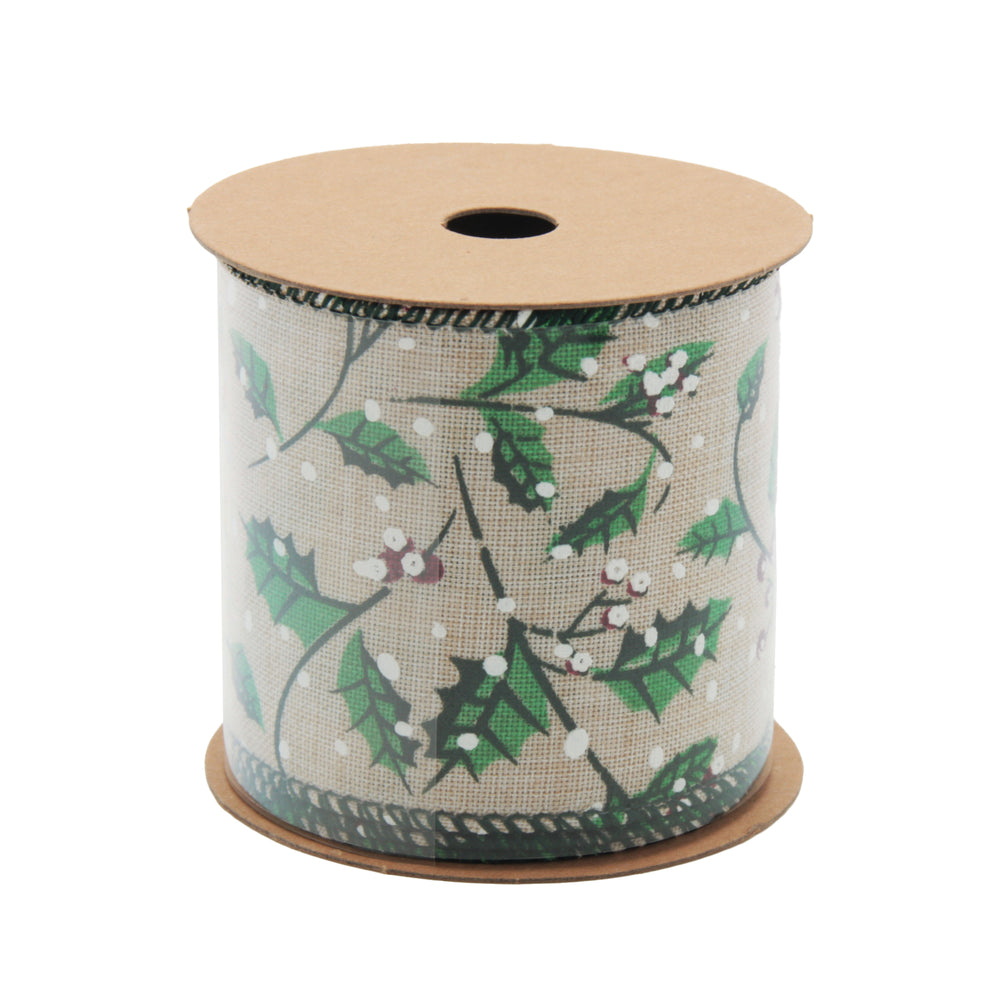 Rustic Green Christmas Ribbon(6.3CM*3YDS) on a spool with holly leaves and berries design for holiday decorations.