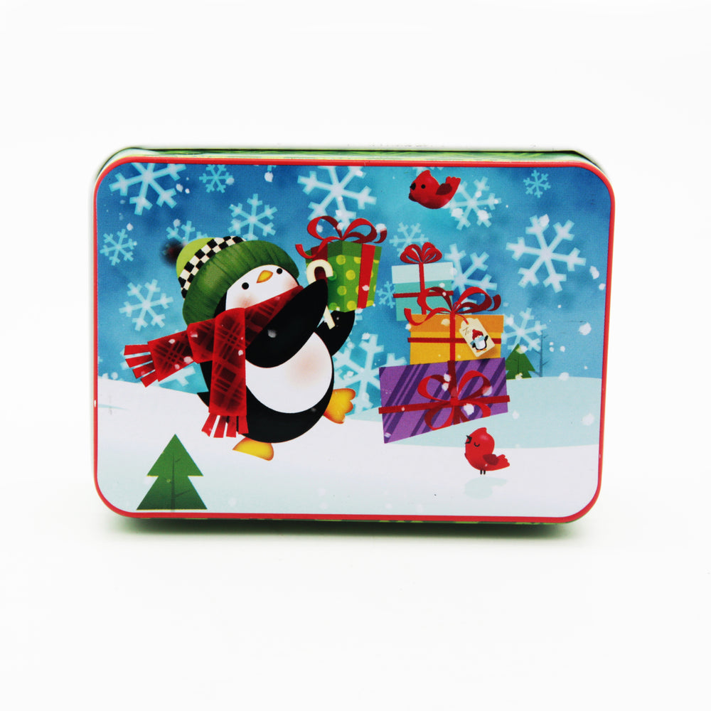 Christmas C.D Tin Box(9*6.5*2.8CM) with cheerful penguin holding gifts against a winter backdrop.