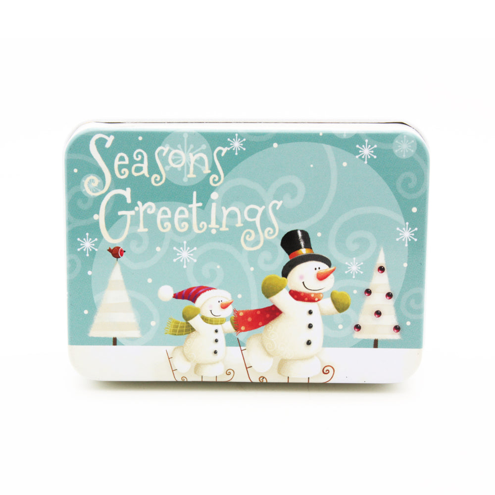 Christmas C.D Tin Box(9*6.5*2.8CM) featuring snowmen and festive design for holiday gift giving.