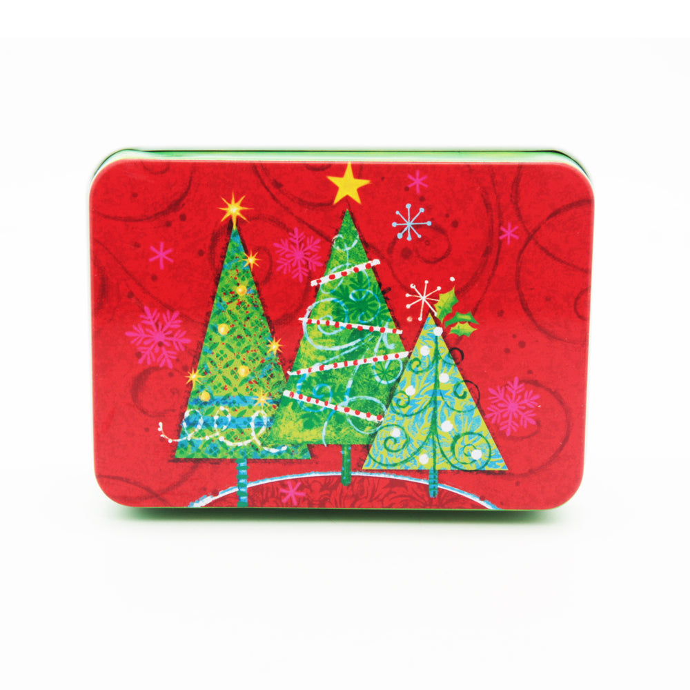 Christmas C.D Tin Box(9*6.5*2.8CM) with festive tree design on a red background.