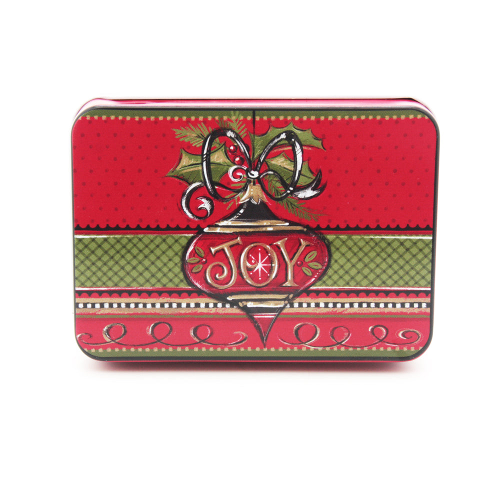 Christmas C.D Tin Box(9*6.5*2.8CM) decorated with festive red and green design featuring a joy ornament.